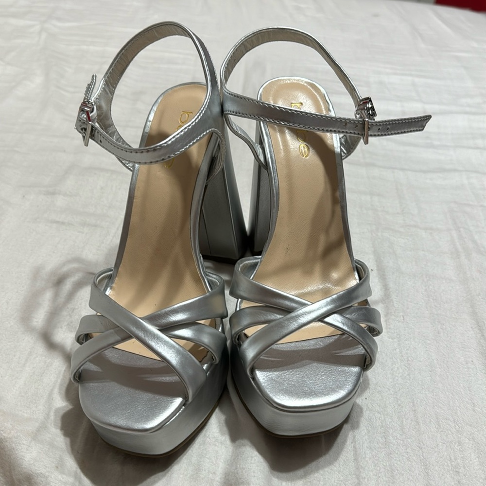 Bebe Square Platform Platinum Silver Heels Size 6